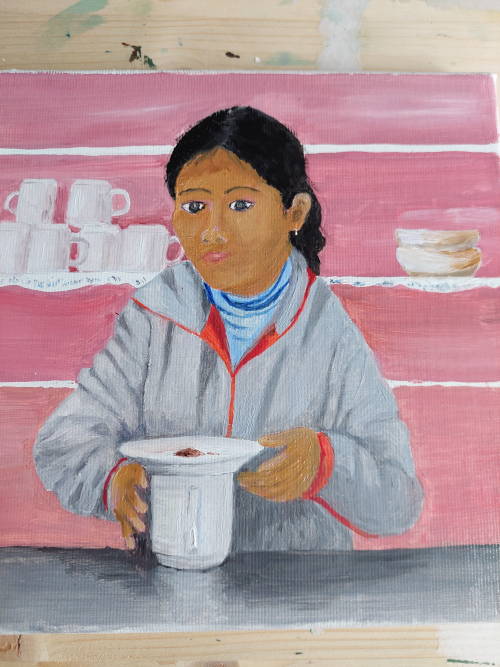 Allessa hat Tee gemacht, Öl, 20 x 20