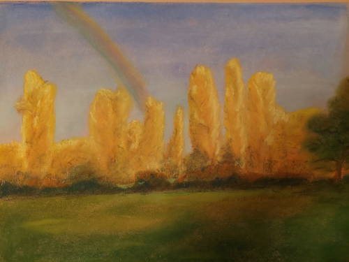 Sportplatzpappeln im Herbst, Kreide, A3